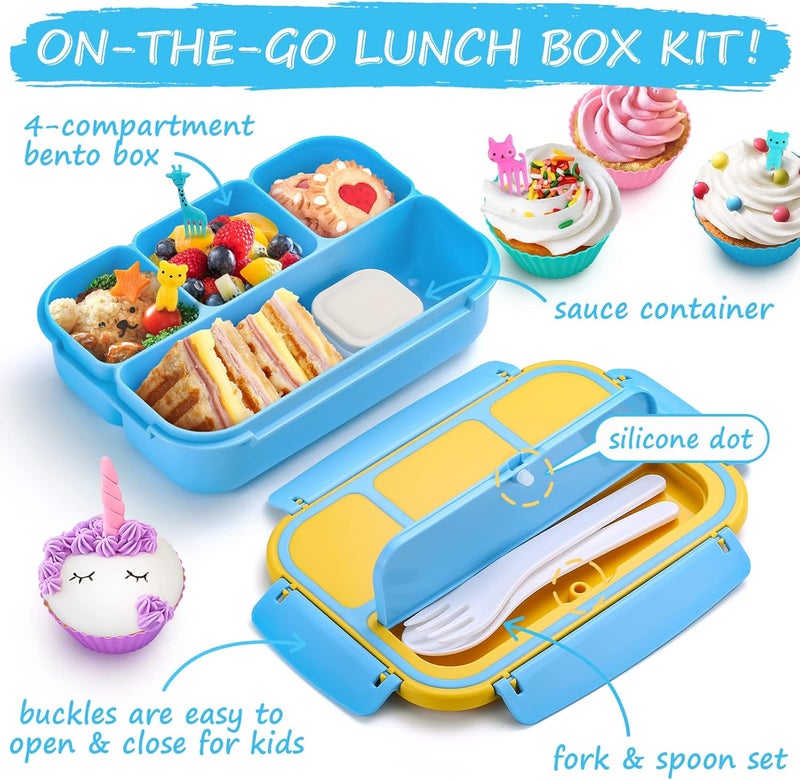 QQKO Bento Lunch Box for Kids Girls Boys, Toddler Kids Lunch Boxes for School, Lunch Containers for Adults with 4 Compartments, Sauce Container, Utensils, Food Picks and Muffin Cups, Blue - Image 3